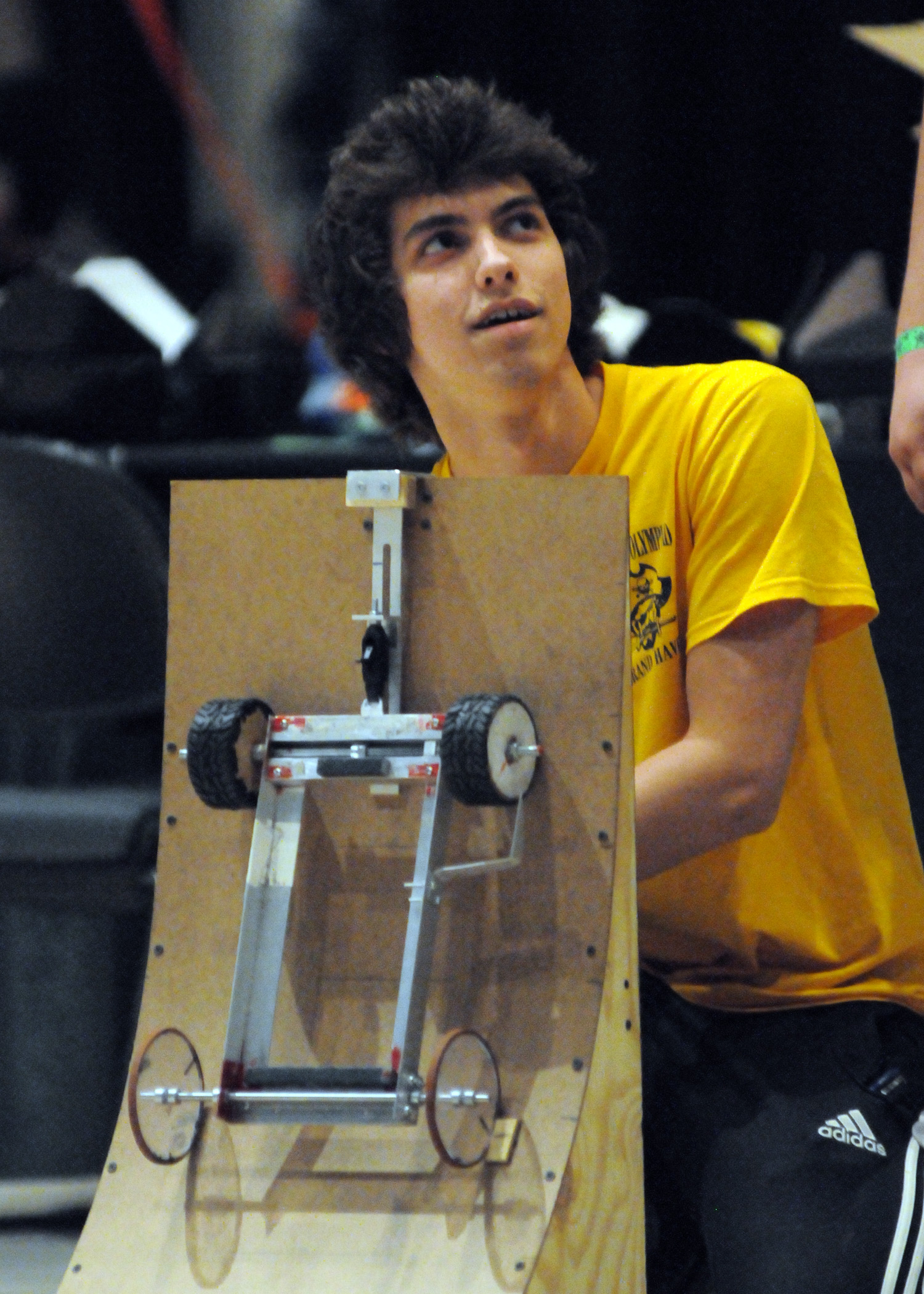 A student from Grand Haven HS in Michigan competes in Gravity Vehicle at the 2013 National Tournament